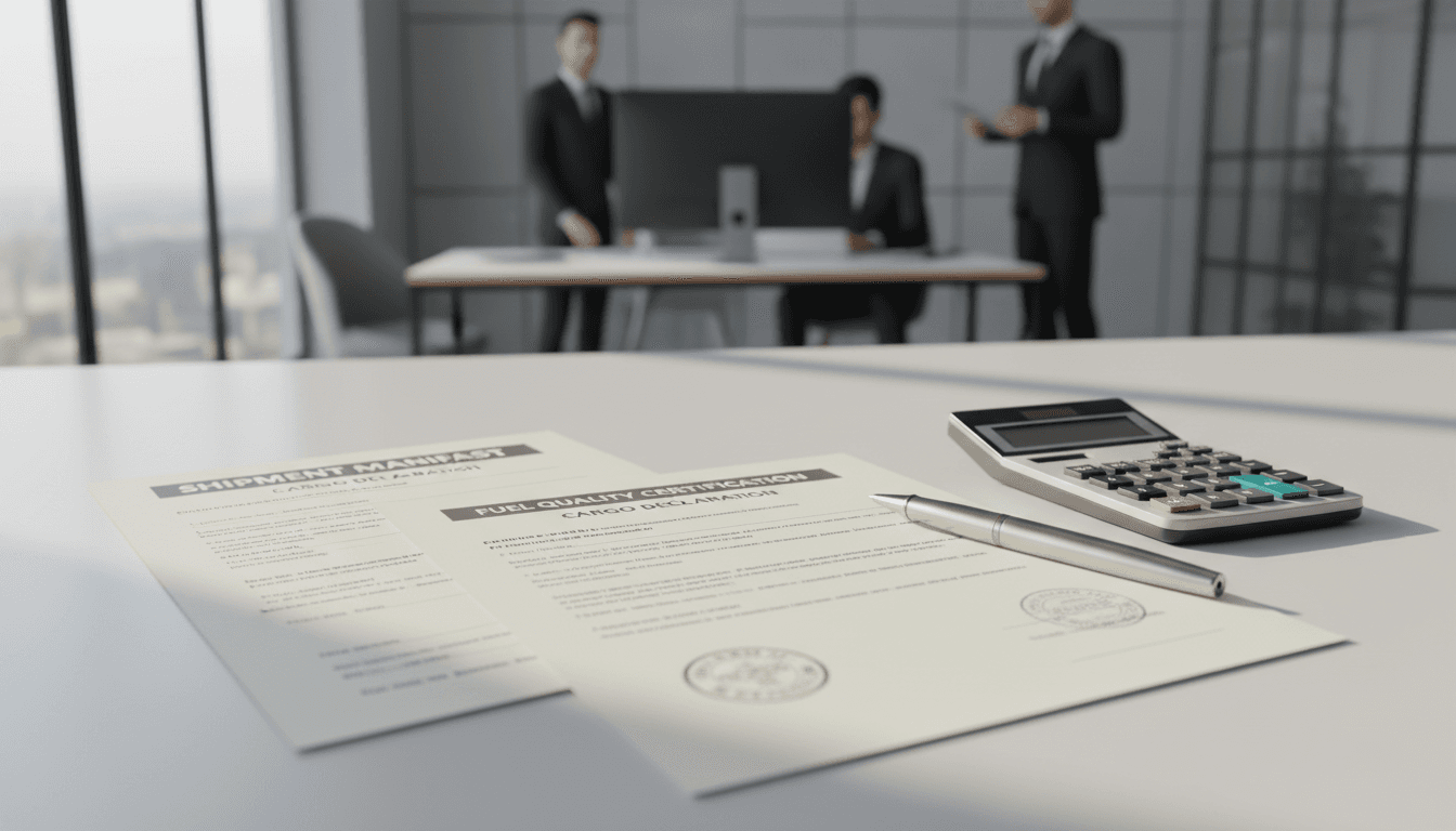 Fuel transaction documentation and certification papers on desk
