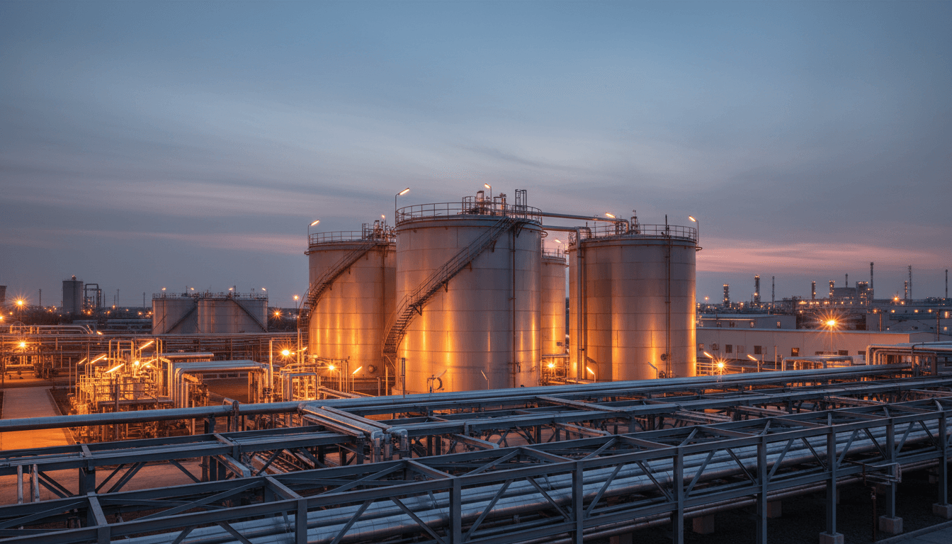Industrial petroleum storage facility illuminated at dusk with large cylindrical tanks