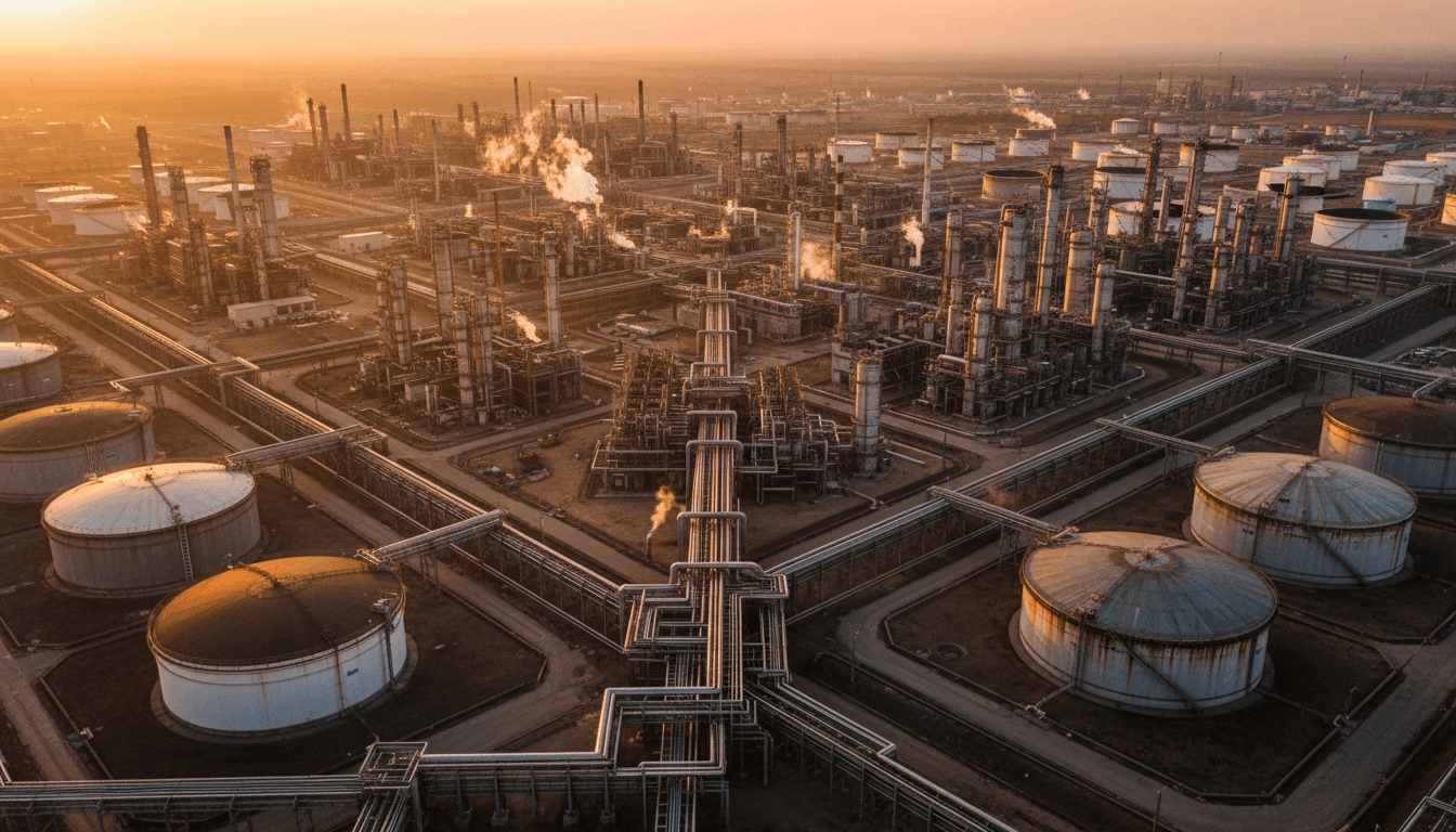 Aerial view of petroleum refinery with distillation towers and storage tanks at golden hour